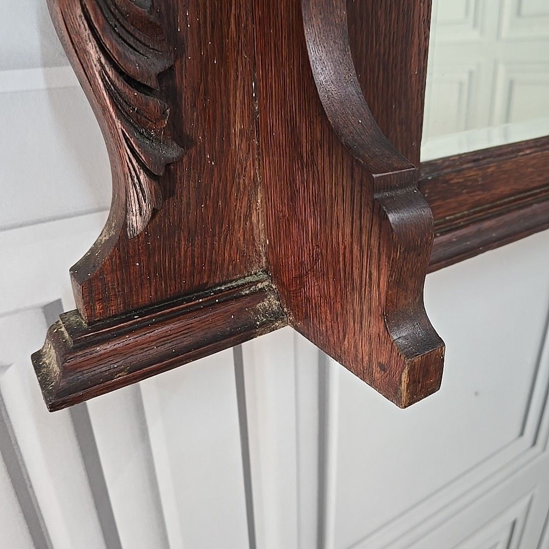 Antique Overmantle Wall Mirror Wooden Oak Arts & Crafts Mantel Carved Large photo buy