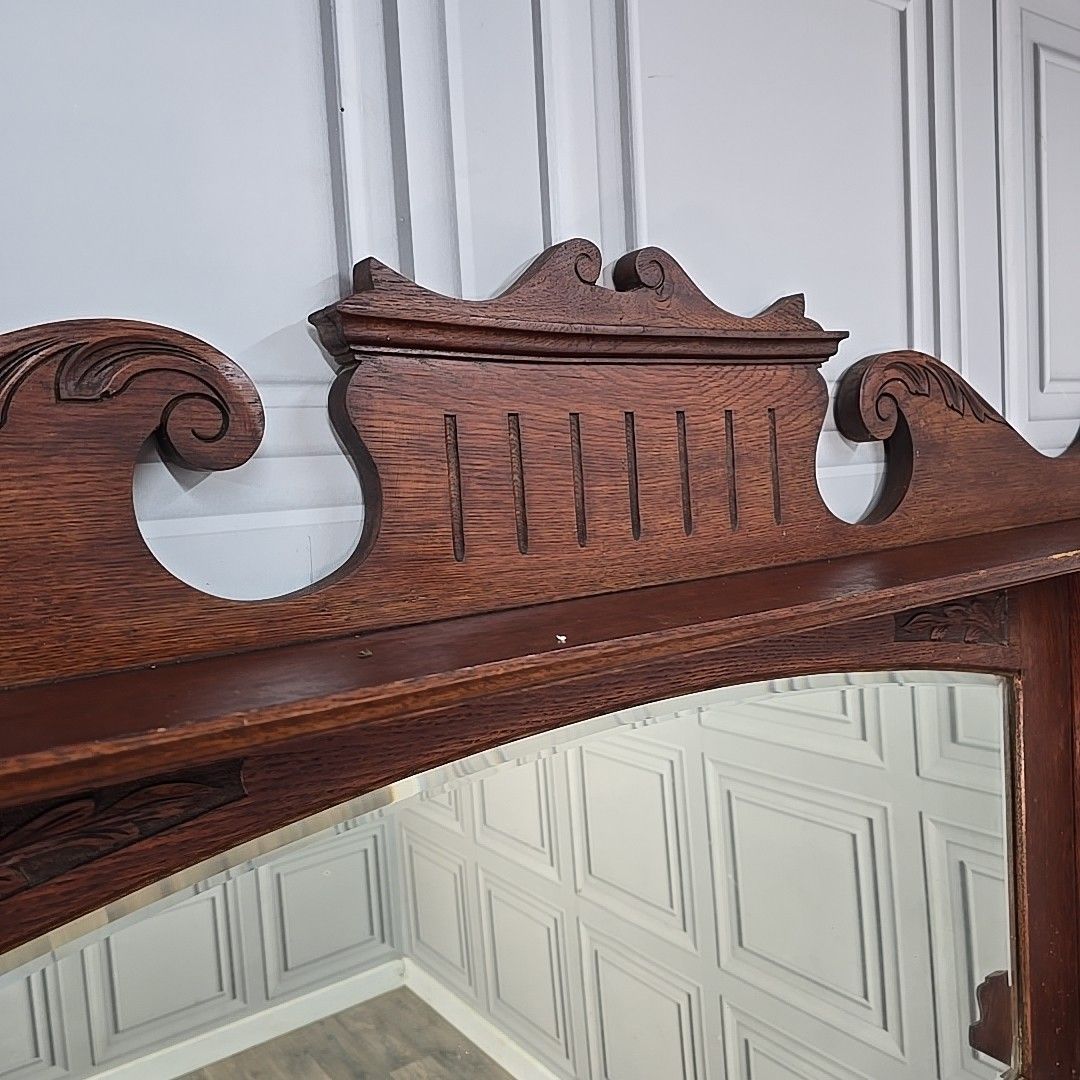 Antique Overmantle Wall Mirror Wooden Oak Arts & Crafts Mantel Carved Large photo vintage