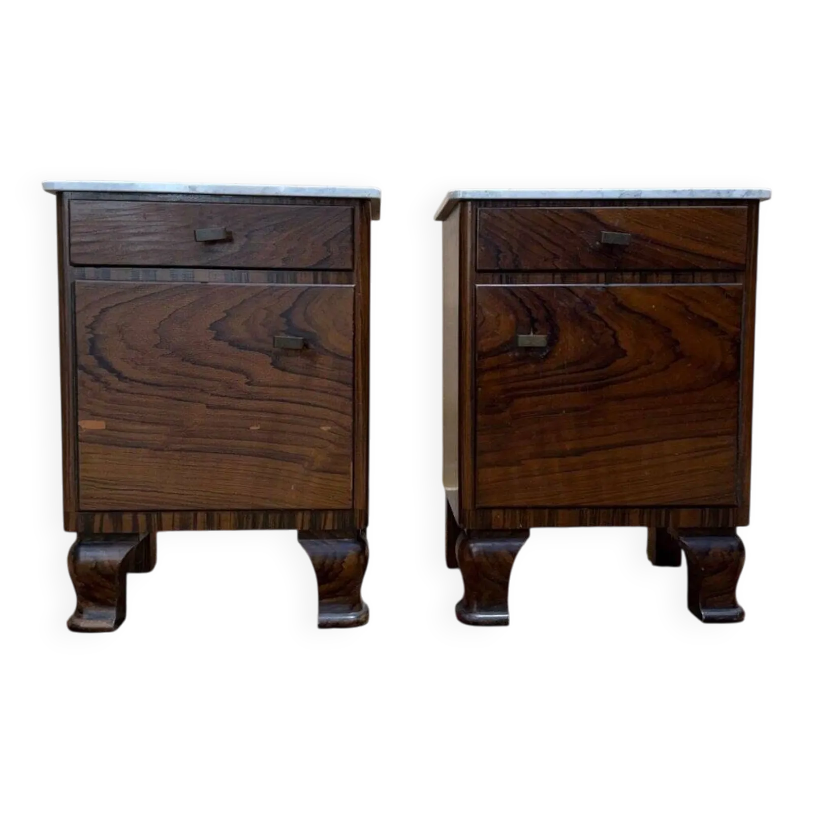 Art Deco Bedside Tables – Rosewood, Carrara Marble & Brass – Year