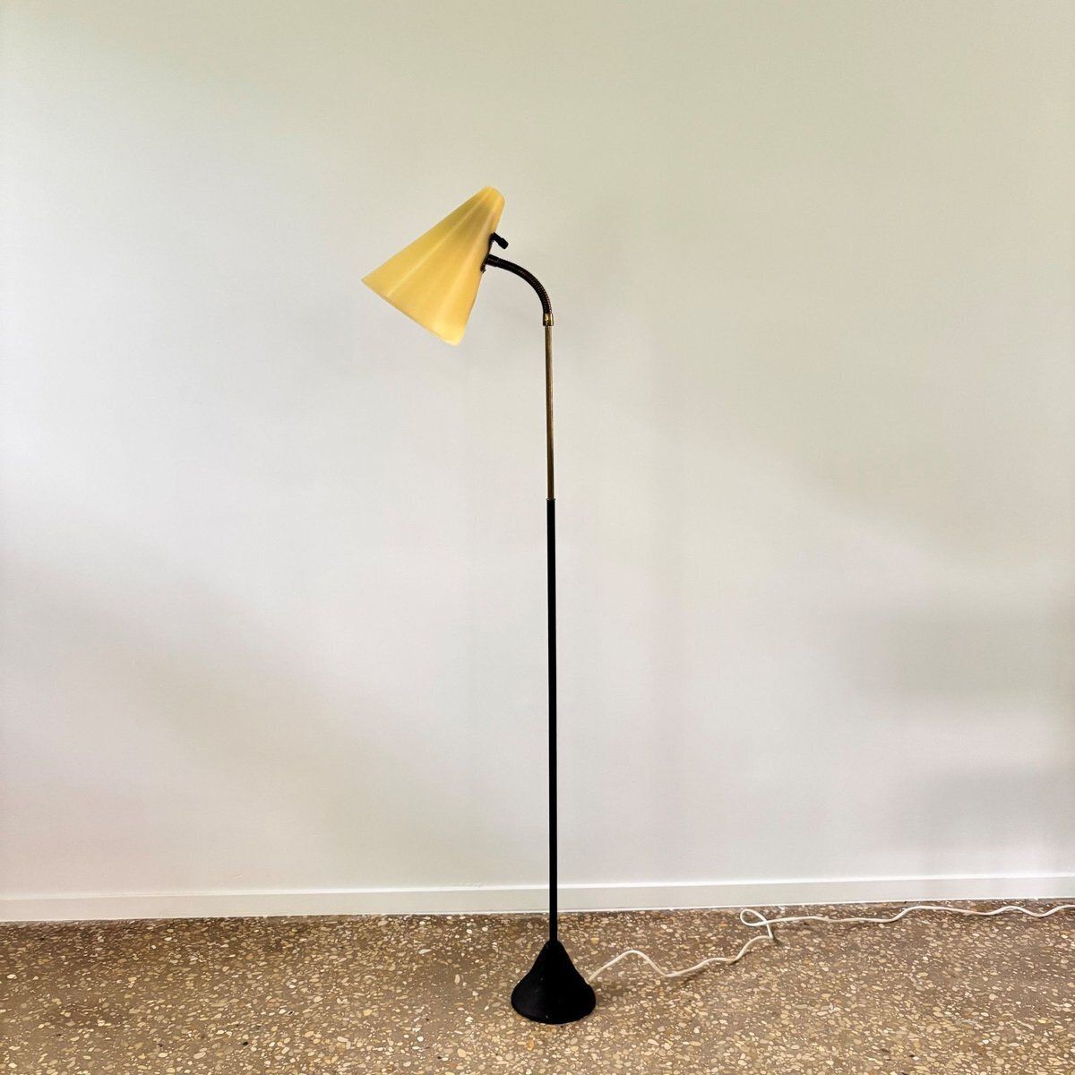 Mid Century Floor Lamp In Black Metal And Brass With Yellow Shade, Sweden, 1950s photo Lighting