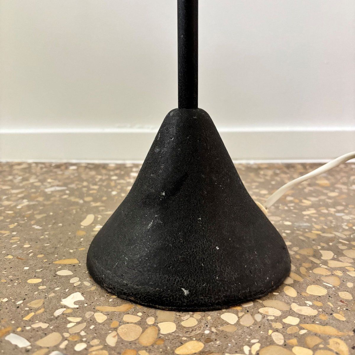 photo furniture Mid Century Floor Lamp In Black Metal And Brass With Yellow Shade, Sweden, 1950s