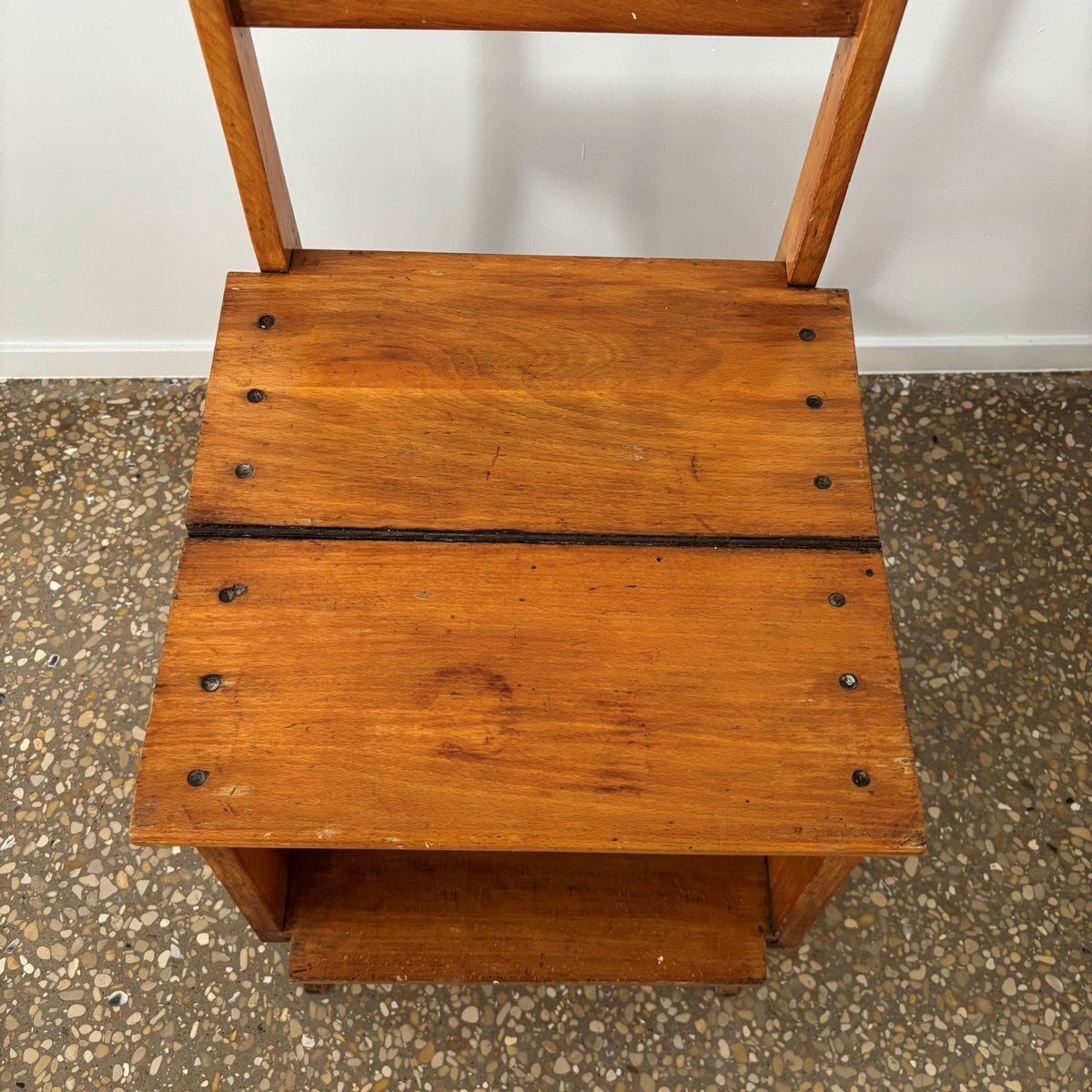 Oak Wooden Library Ladder And Chair, Netherlands, 1930s photo vintage