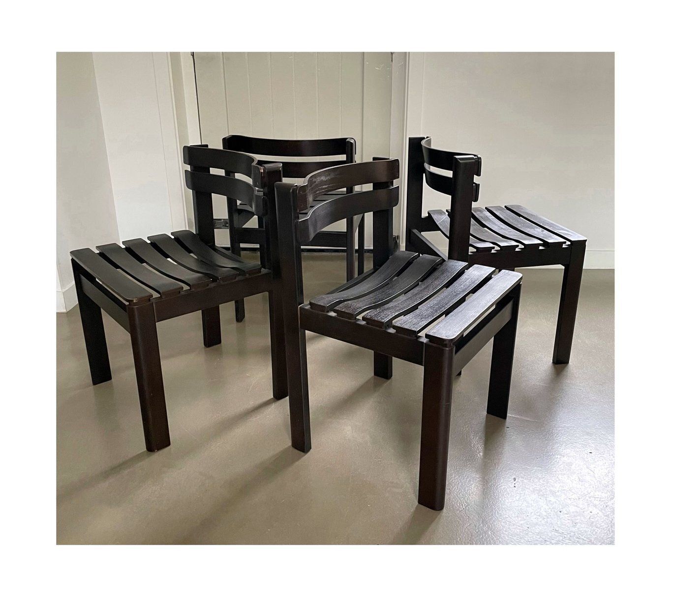 Dark Brown Wooden Slat Chairs, 1970s, Set Of 4 photo vinterior