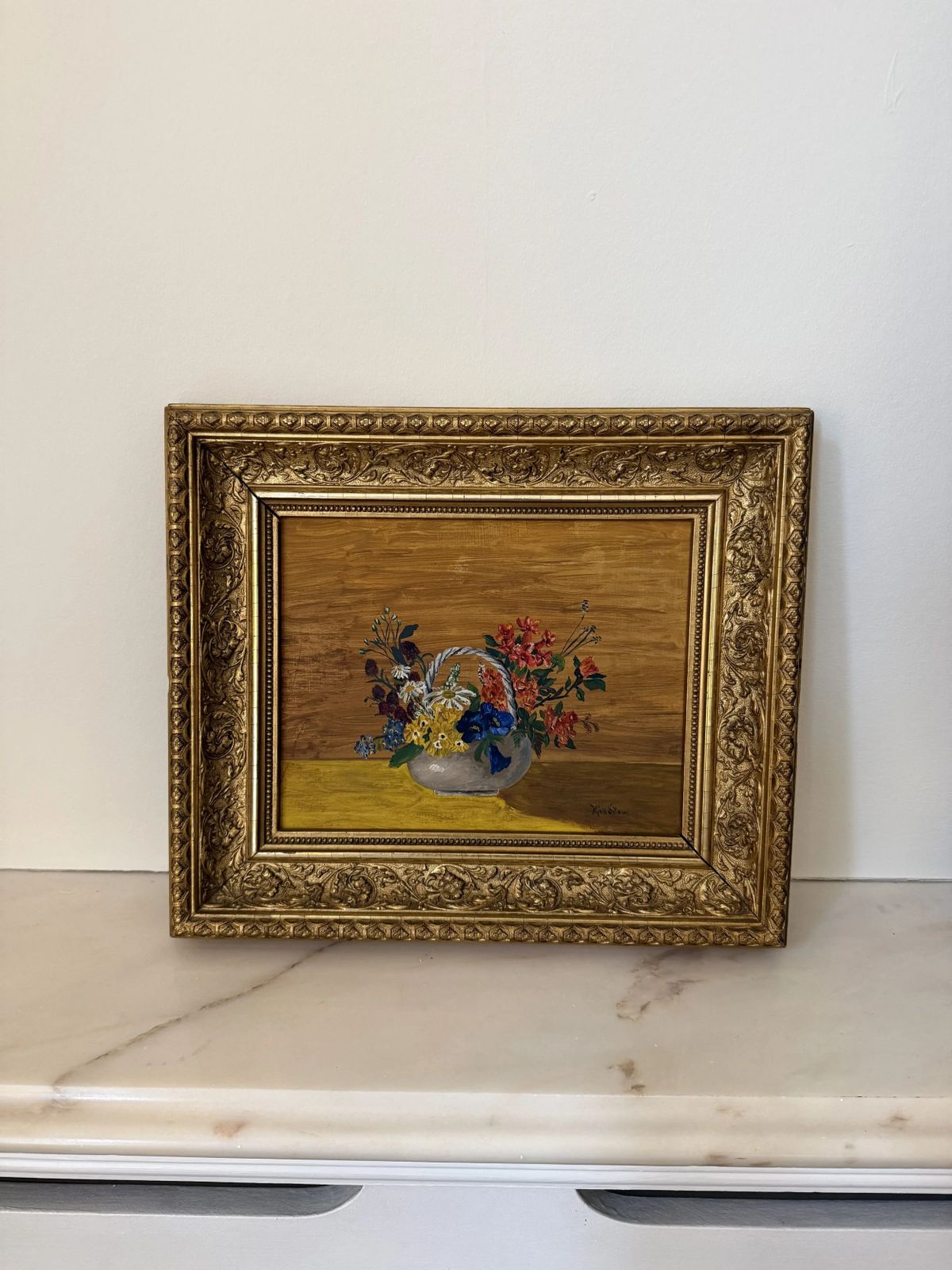 Vintage Floral Painting In Ornate Gold Frame