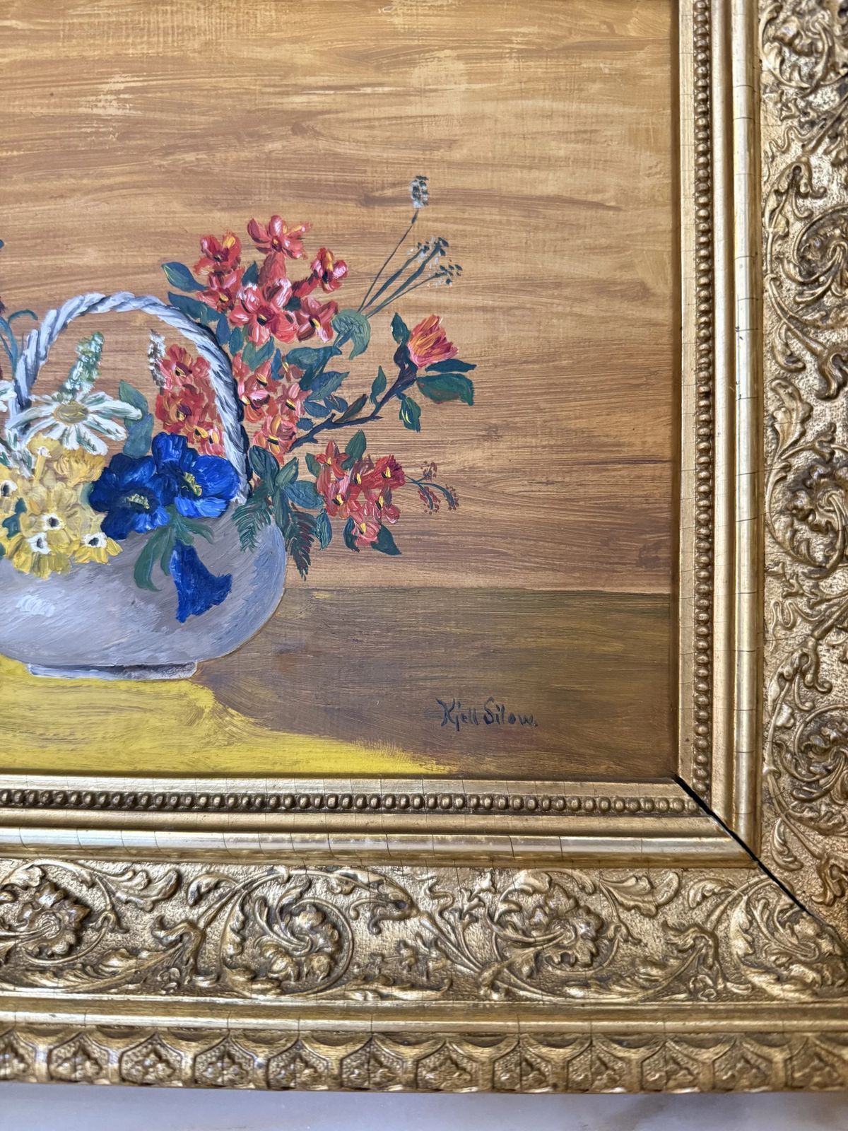 Vintage Floral Painting In Ornate Gold Frame photo for sale
