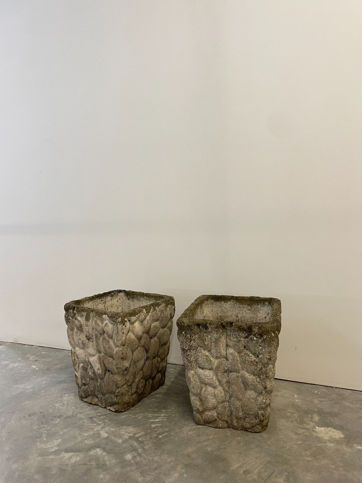 Vintage Circa 1970s Mid Century Pair Of Weathered Cast Stone Square Planter Pots