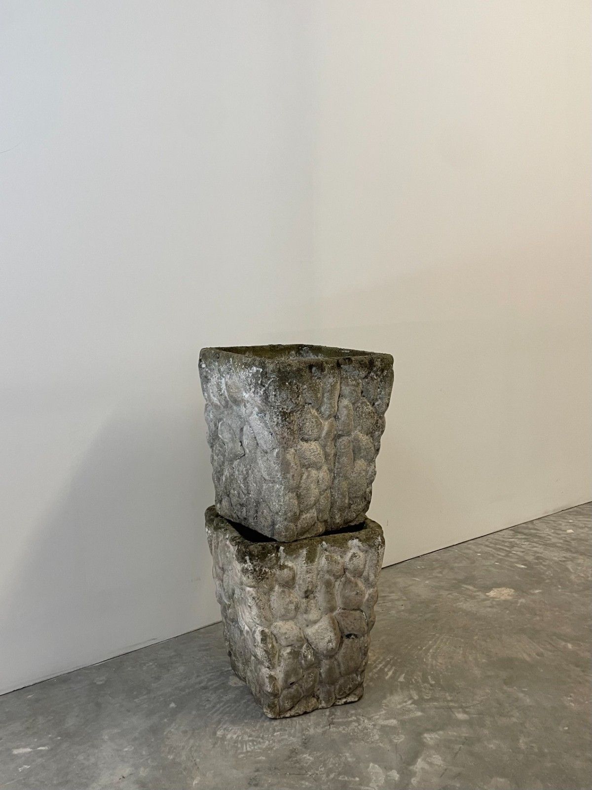 Vintage Circa 1970s Mid Century Pair Of Weathered Cast Stone Square Planter Pots photo buy