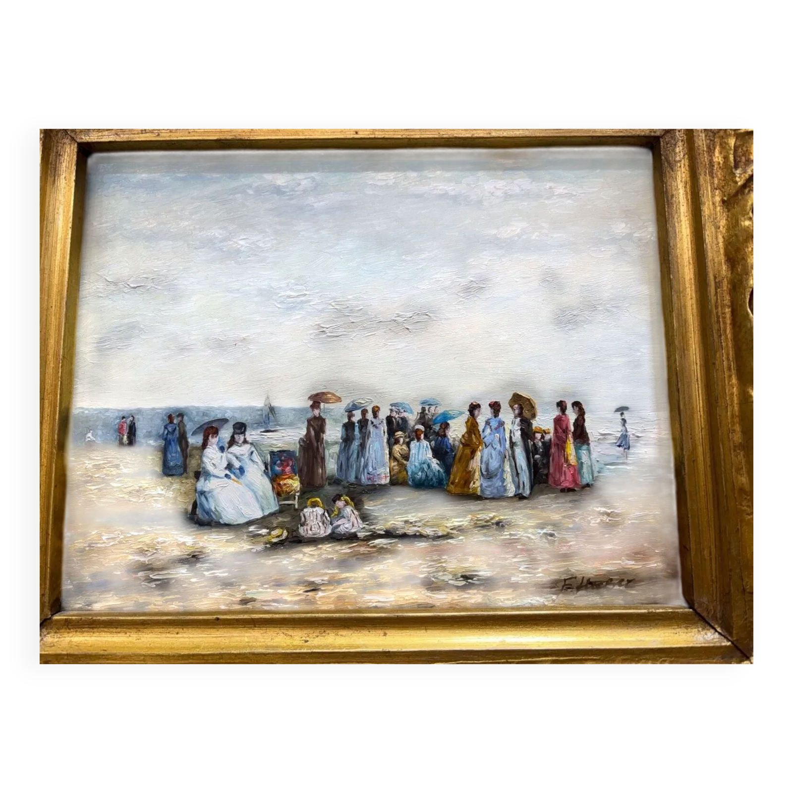Oil On Panel Beach Scene 19th Century   F. Hubert, Boudin Style photo furniture