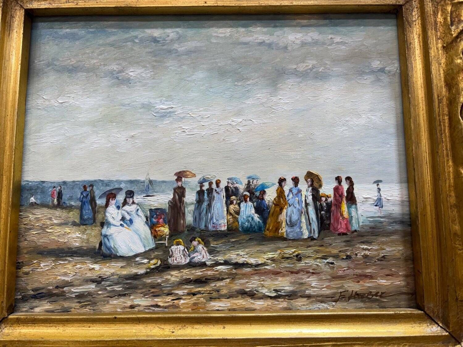 Oil On Panel Beach Scene 19th Century   F. Hubert, Boudin Style photo for sale