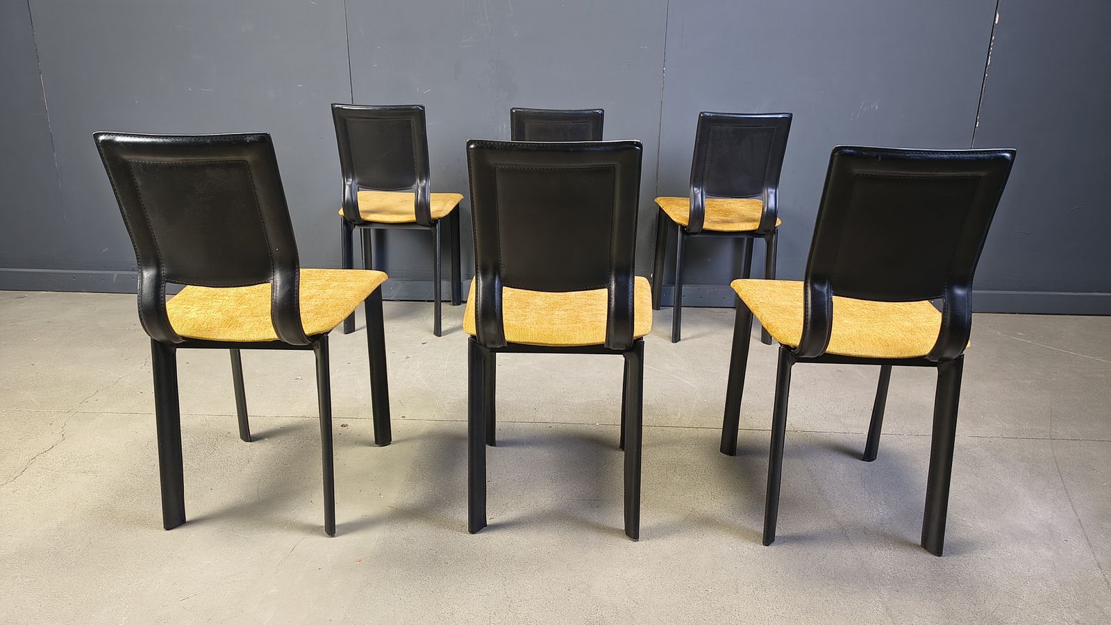 Vintage Black Leather And Yellow Fabric Dining Chairs, Set Of 6, 1980s photo vinterior