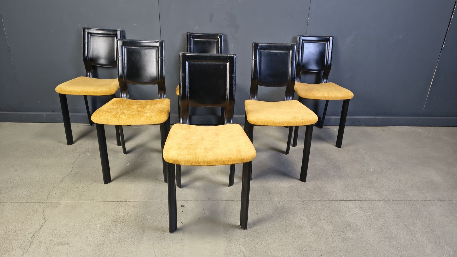 1150.0 Vintage Black Leather And Yellow Fabric Dining Chairs, Set Of 6, 1980s photo