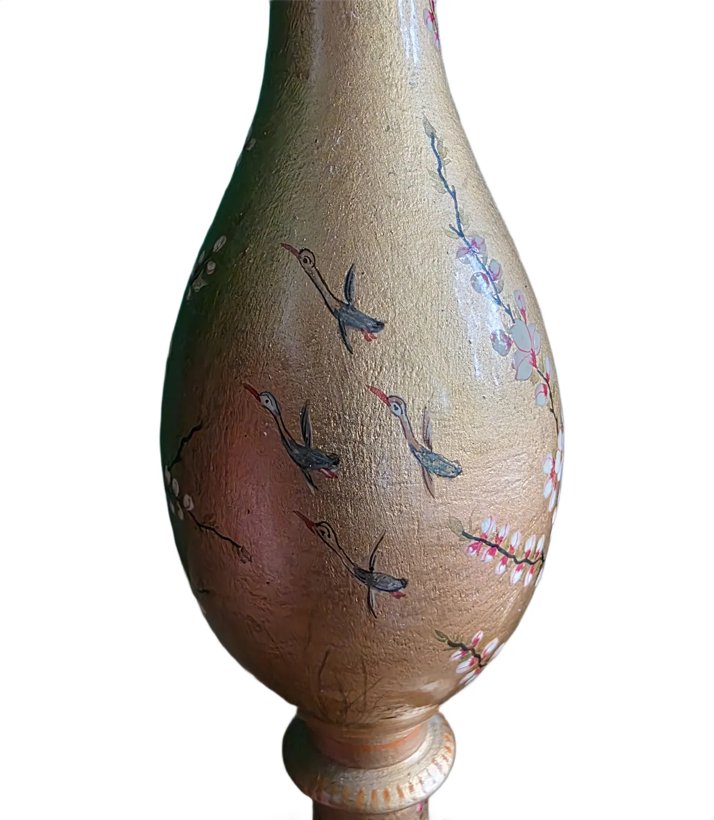 Vintage Early 1900s Kashmiri Hand Painted Candlestick/Lamp Base Pair – Gold Floral & Bird Motif photo furniture