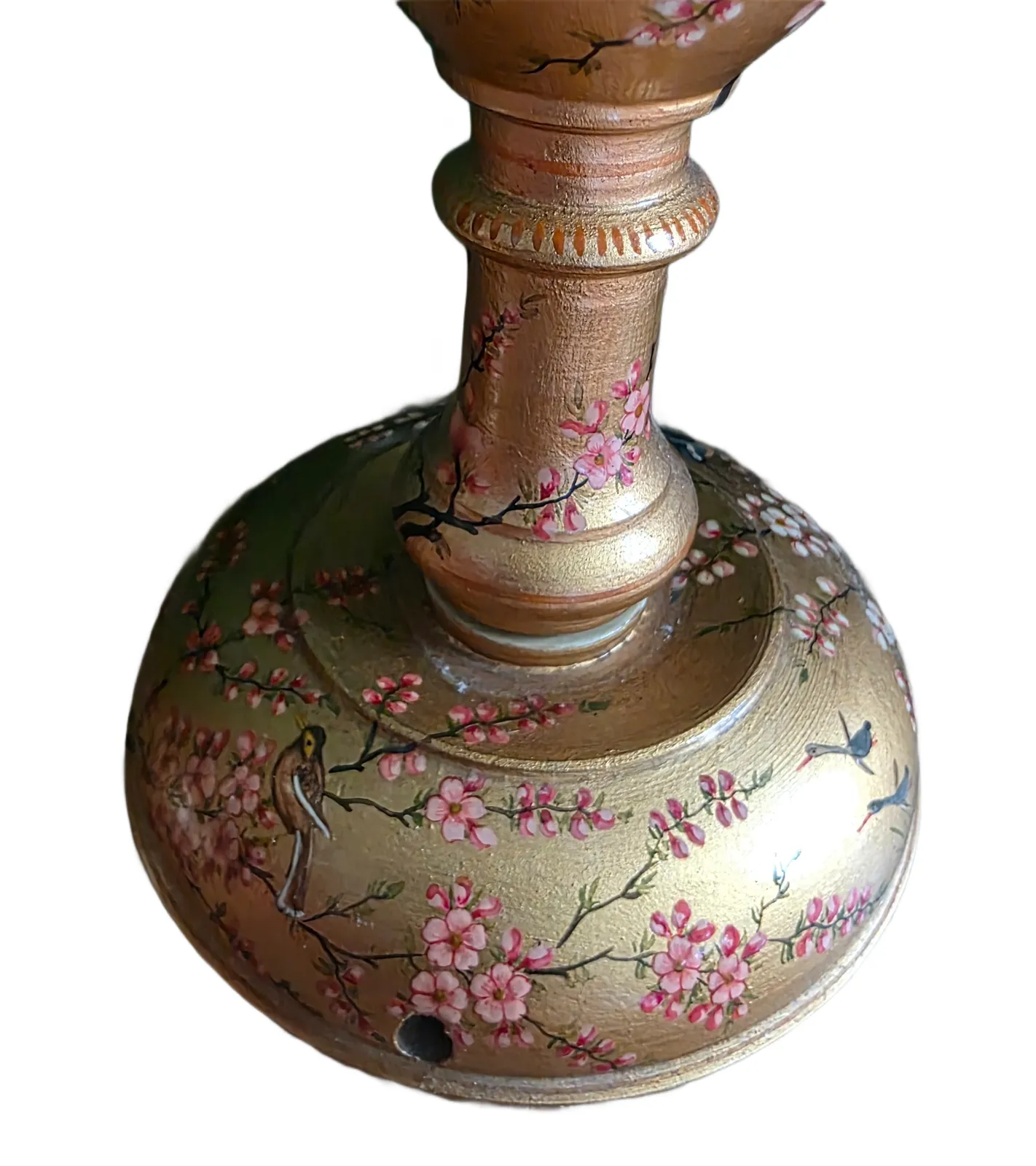 photo for sale Vintage Early 1900s Kashmiri Hand Painted Candlestick/Lamp Base Pair – Gold Floral & Bird Motif
