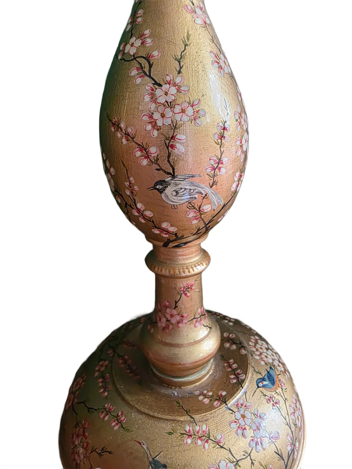 photo buy Vintage Early 1900s Kashmiri Hand Painted Candlestick/Lamp Base Pair – Gold Floral & Bird Motif