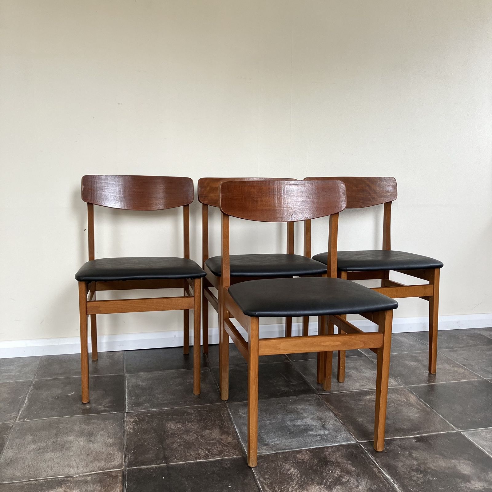 Mid Century Teak Dining Chairs By Ligna Of Czechoslovakia: Butterfly Backs, Reupholstered Black Vinyl Leatherette, Set Of 4, 1960's photo Furniture