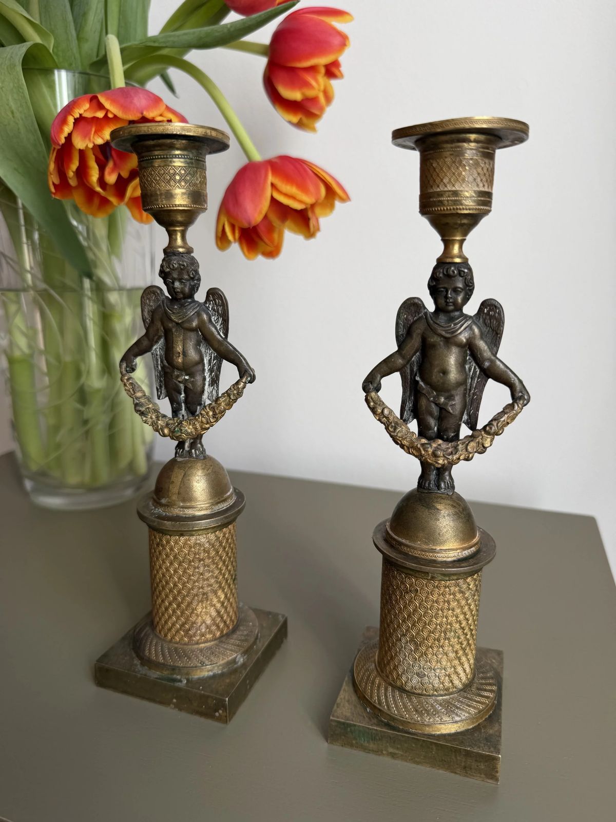 19th Century French Bronze & Ormolu Cherub Candle Holders photo for sale