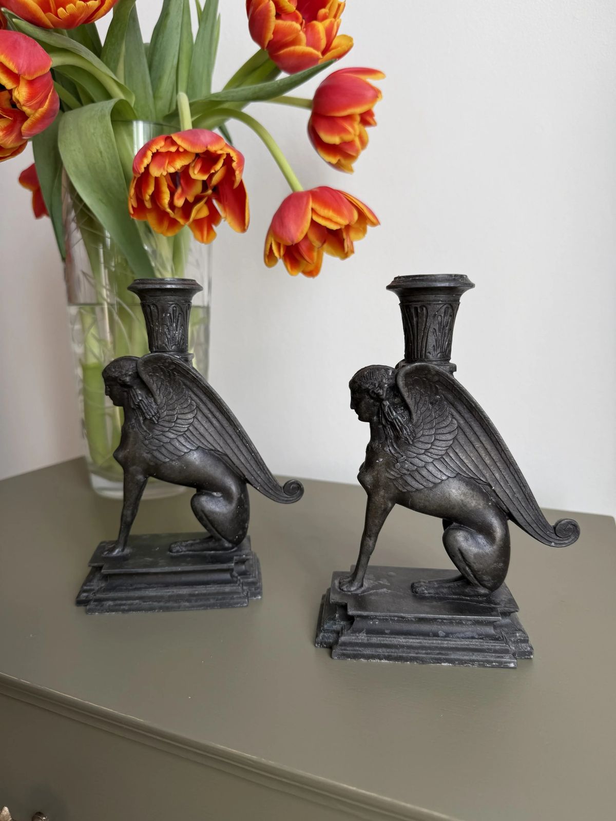 Pair Of 19th Century French Spelter Gryphon Candles Holders photo for sale