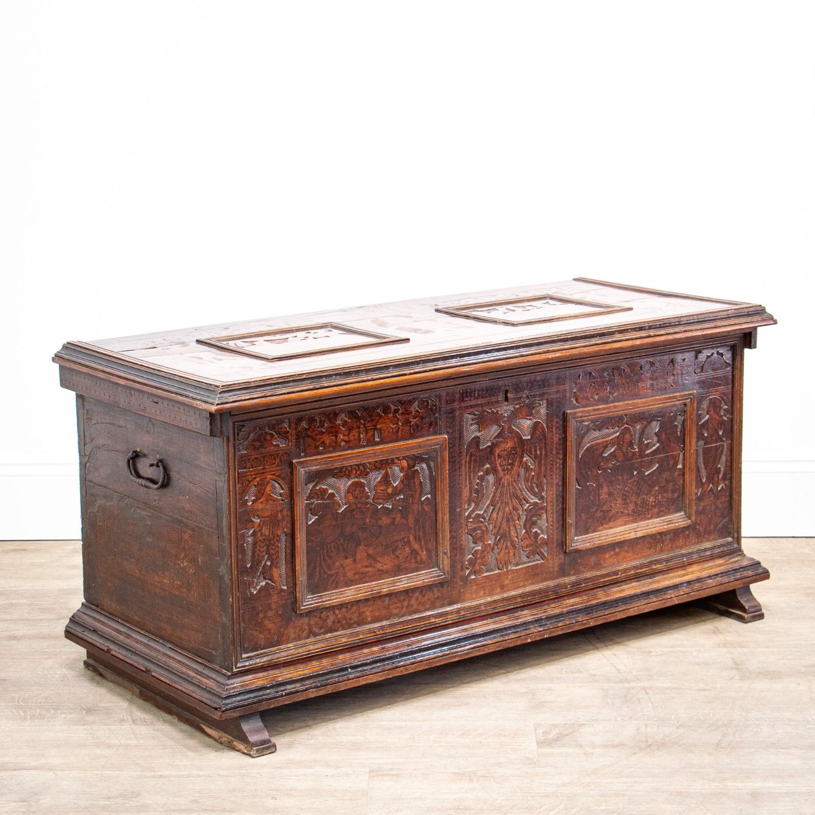 16th Century Walnut Pokerwork Coffer Or Marriage Chest