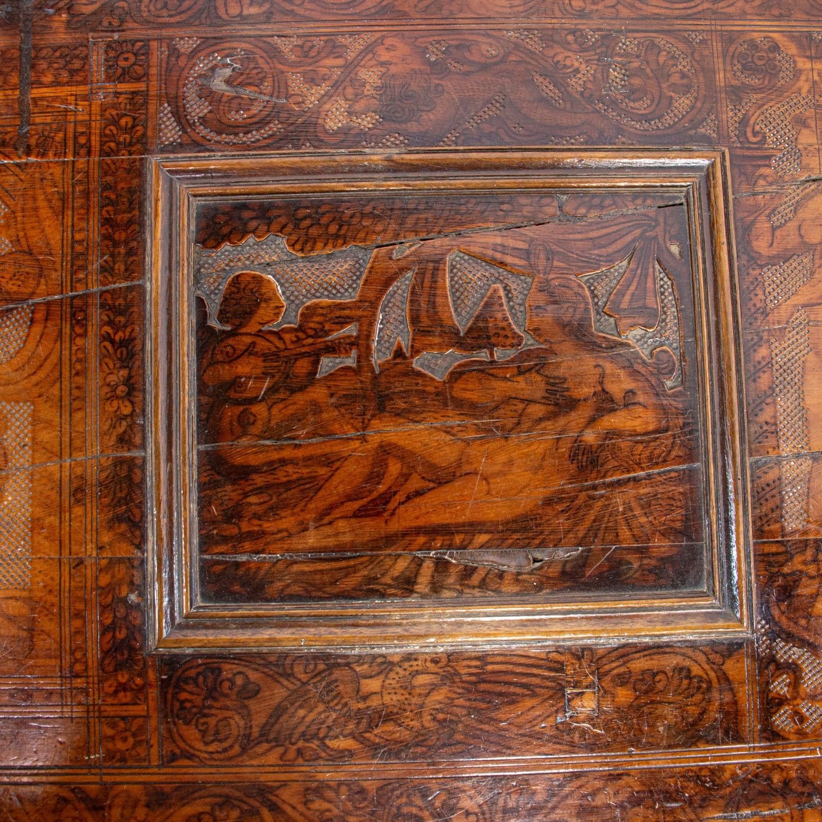 3500.0 16th Century Walnut Pokerwork Coffer Or Marriage Chest photo