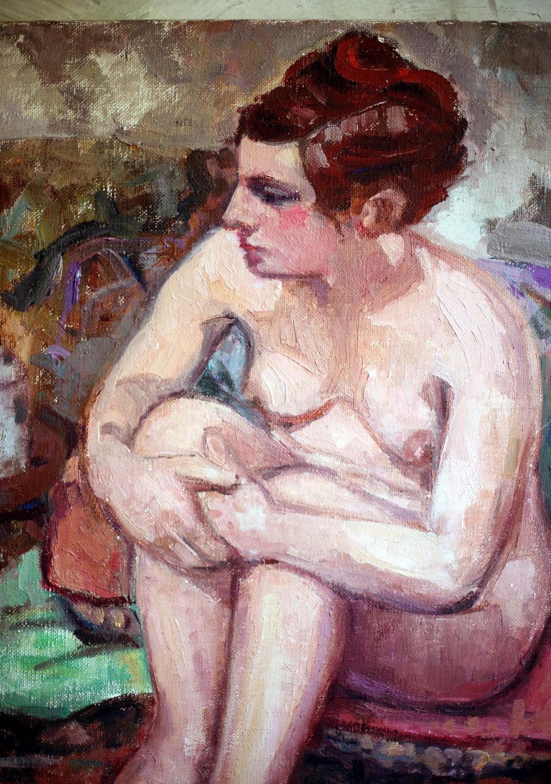 Large Original Nude Female Painting French Oil On Canvas Seated Woman photo 431.0