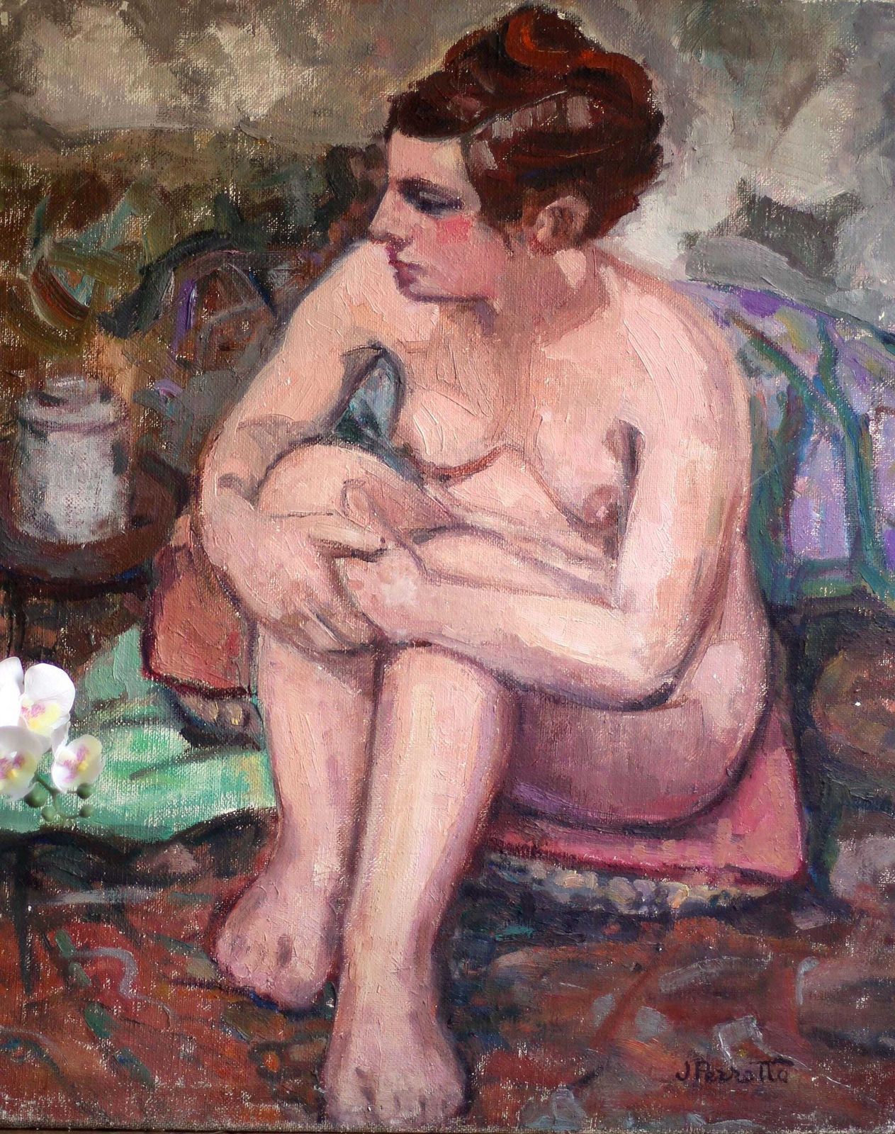 Large Original Nude Female Painting French Oil On Canvas Seated Woman photo vintage