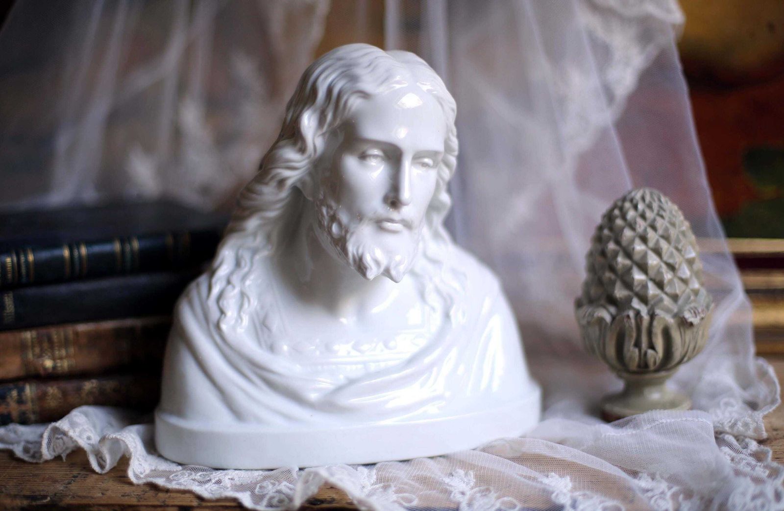 Antique Bust Of Jesus Christ White Porcelain Religious Statue C.1800s D'apres Raphael photo for sale