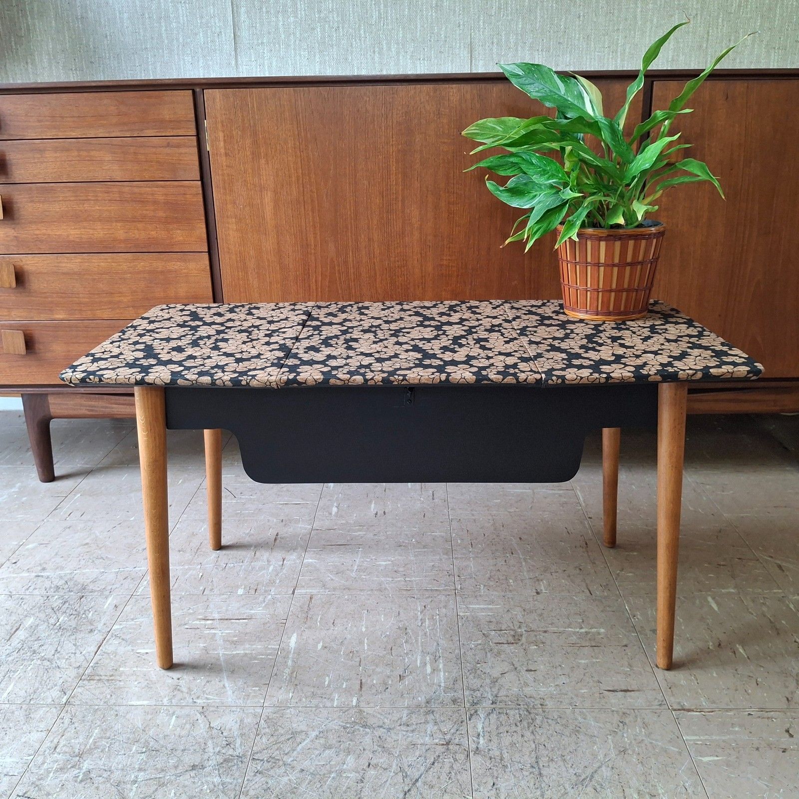 Fab Vintage Mid Century Sewing Box Side Storage Table Black Floral Cork Leather photo furniture
