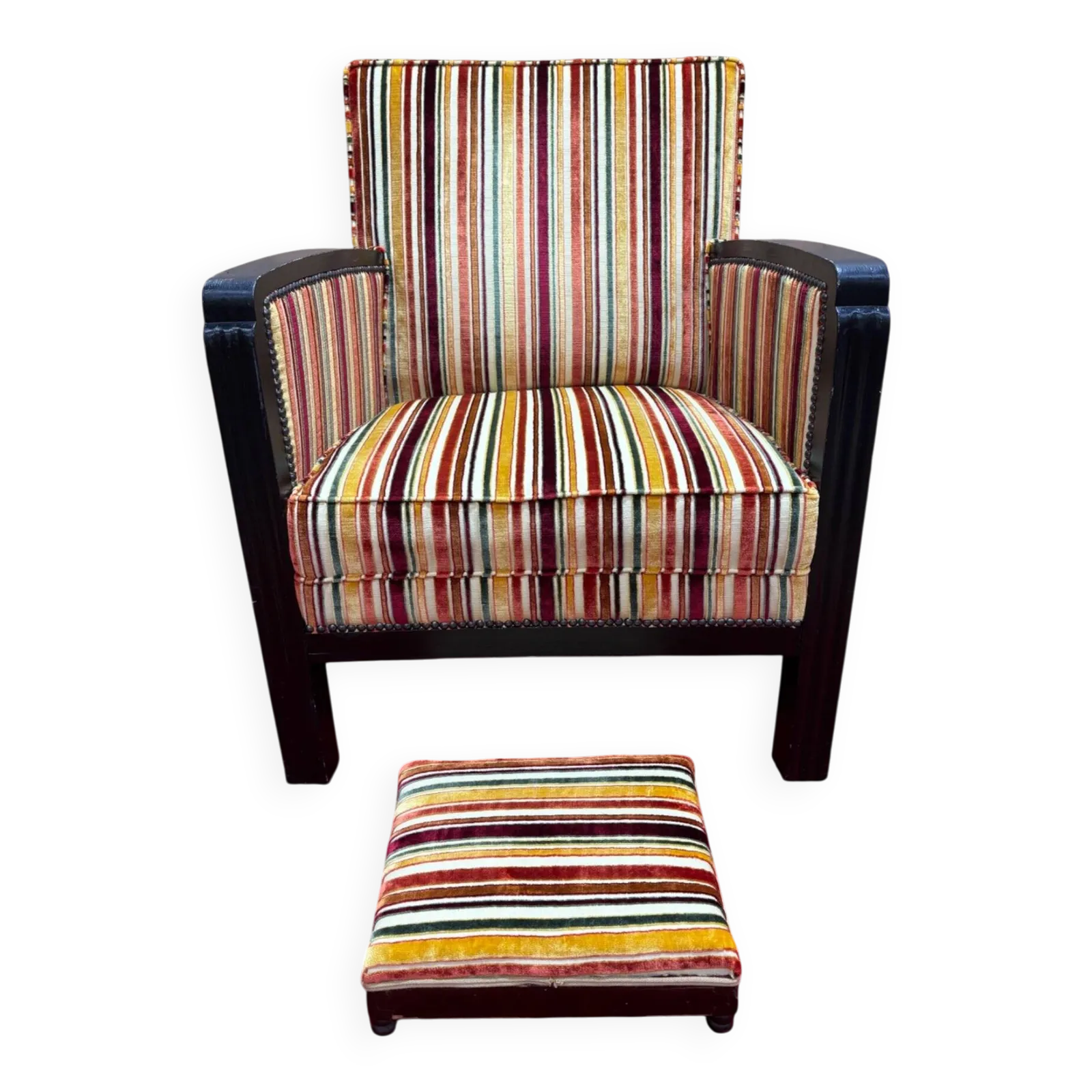 Art Deco Armchair In Multicolored Striped Fabric And Its Footrest