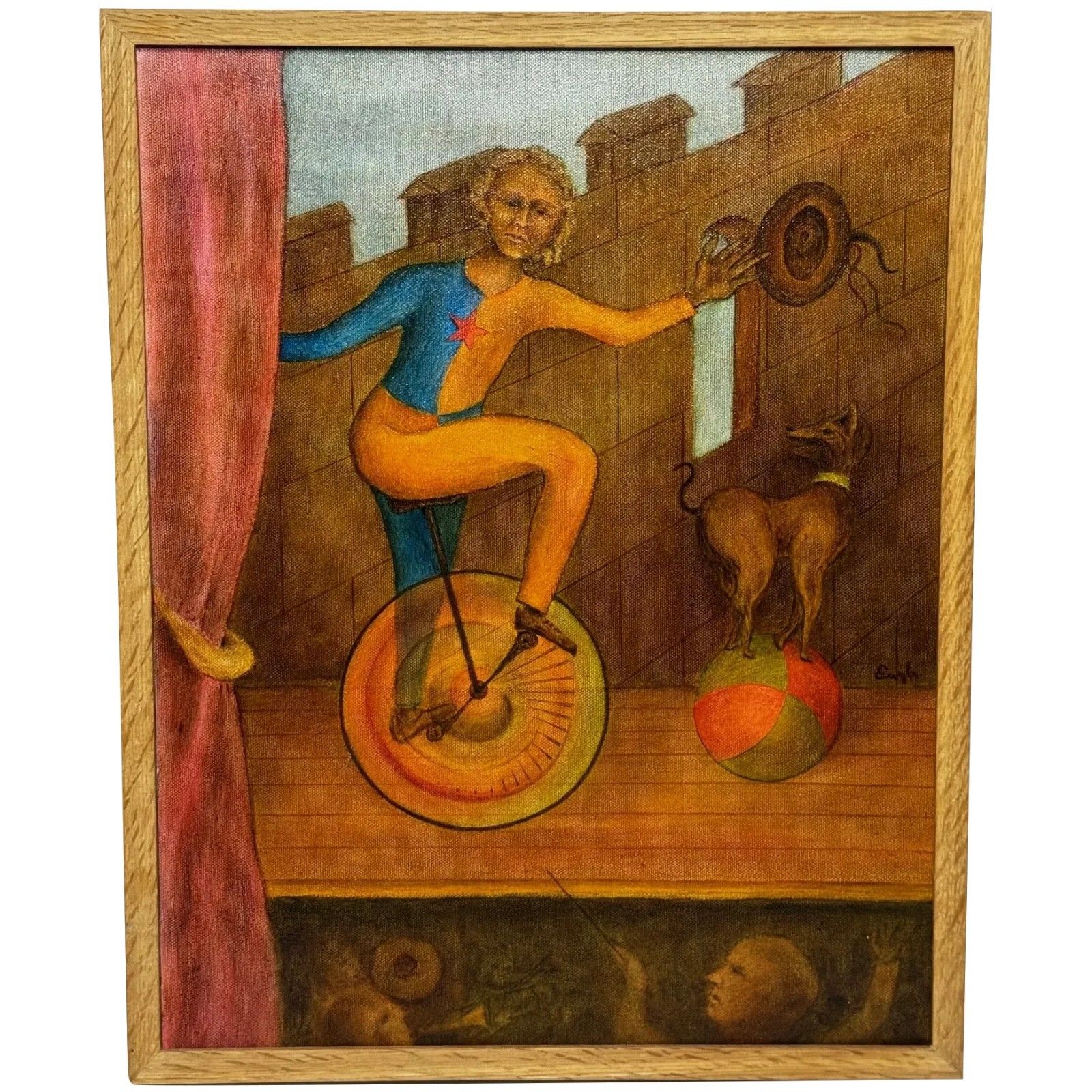 Mid Century Circus Cyclist - Lyrisch Surrealisme in de stijl van Paul Delvaux, ca. 1966