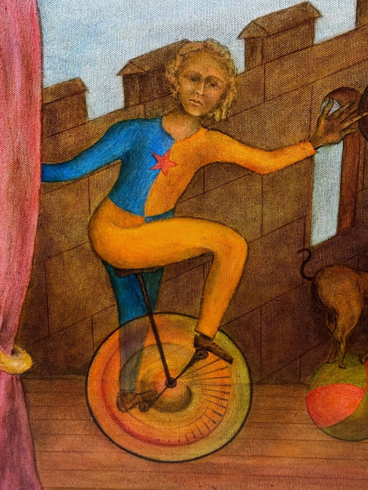 Mid Century Circus Cyclist - Lyrisch Surrealisme in de stijl van Paul Delvaux, ca. 1966 photo for sale