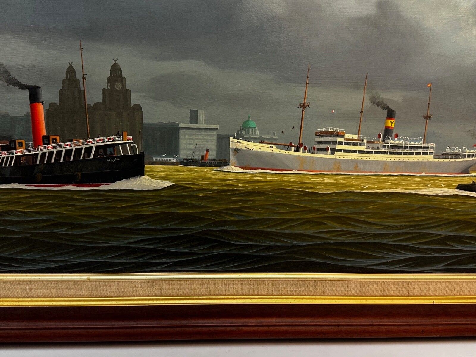 20e-eeuws olieverfschilderij Alca passagiers-vrachtschip Yeoman Line en stoomveerboot Claughton photo for sale