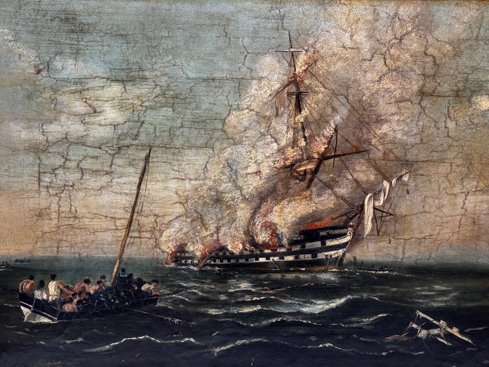 19e-eeuws olieschilderij, zinken van HMS Bombay photo furniture