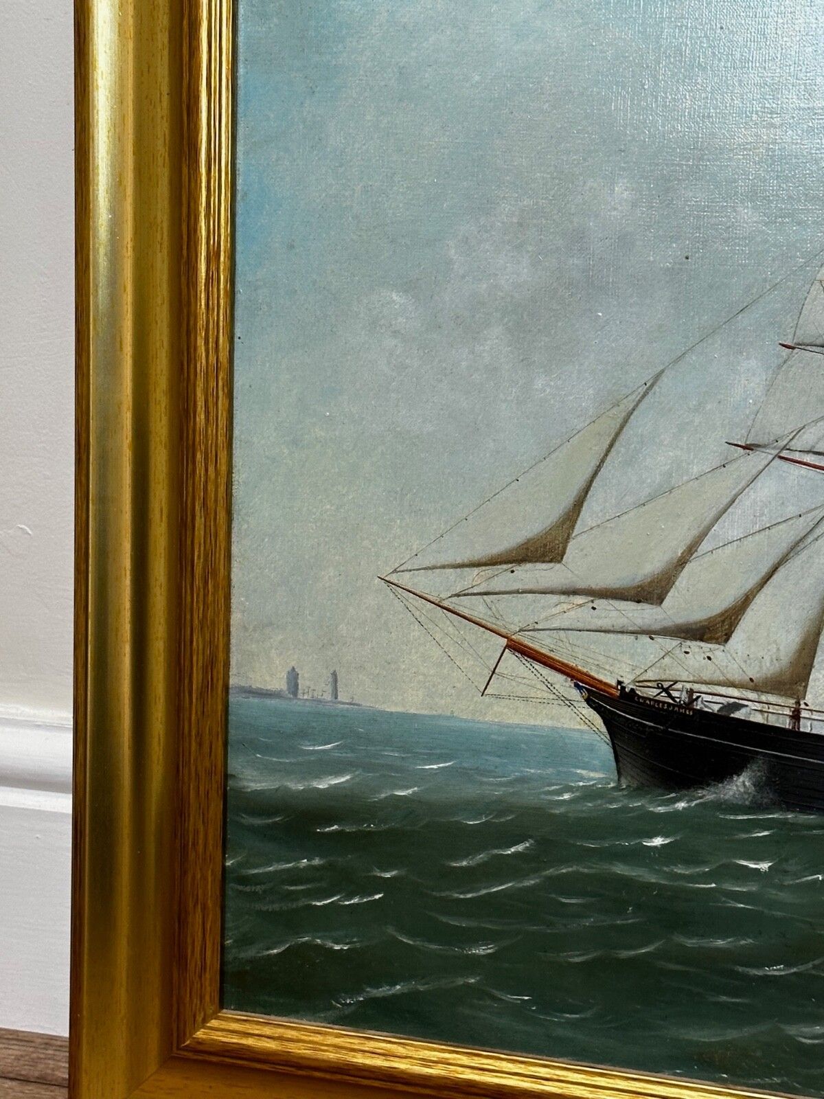 French Victorian Oil Painting Marine Barquentine Ship Charles James Off Dunkirk Signed By Henri Versailles photo Art