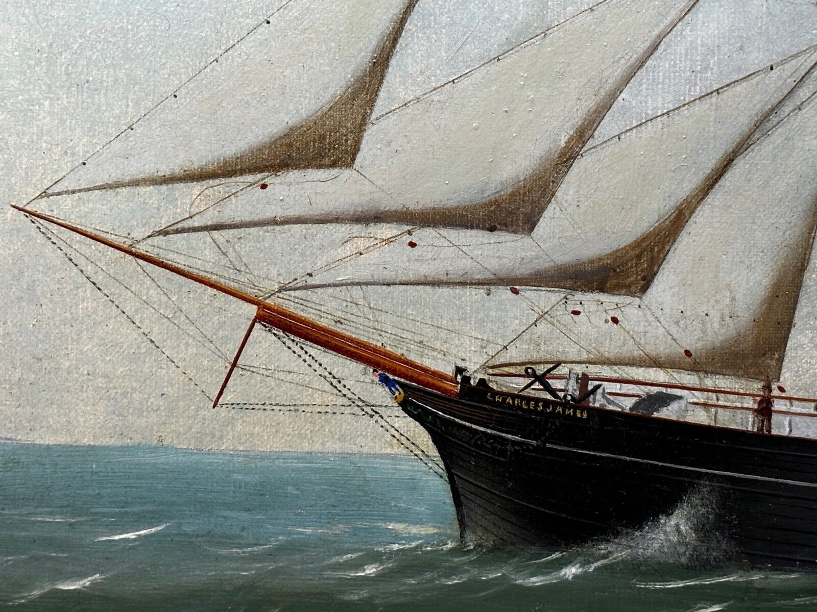 Art French Victorian Oil Painting Marine Barquentine Ship Charles James Off Dunkirk Signed By Henri Versailles photo