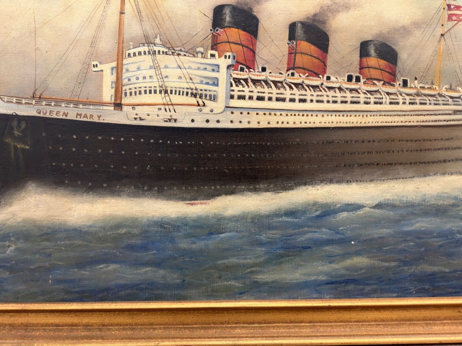 Mid Century olieverfschilderij RMS Queen Mary oceaanstomer naar Antonio Nicolo Gasparo Jacobsen photo for sale