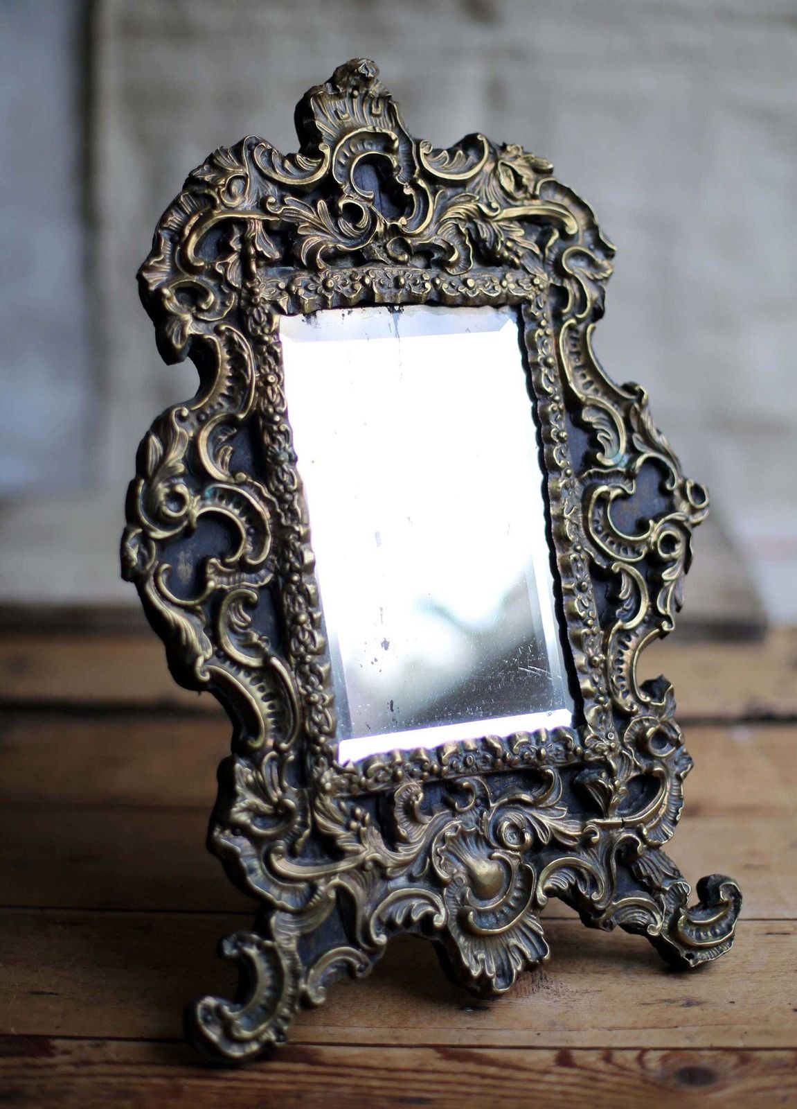 Antique French Repousse Brass Vanity Mirror For Dressing Table Napoleon III 1800s photo for sale