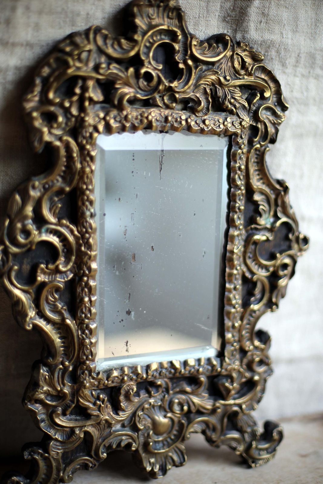 Home Decor Antique French Repousse Brass Vanity Mirror For Dressing Table Napoleon III 1800s photo