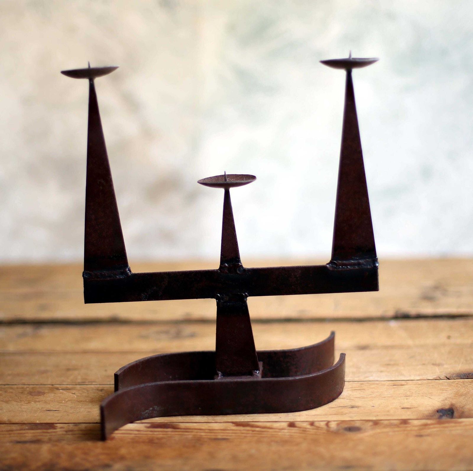 French Brutalist Wrought Iron Candlestick Gothic Candle Holder 3 Arm Candelabra photo for sale