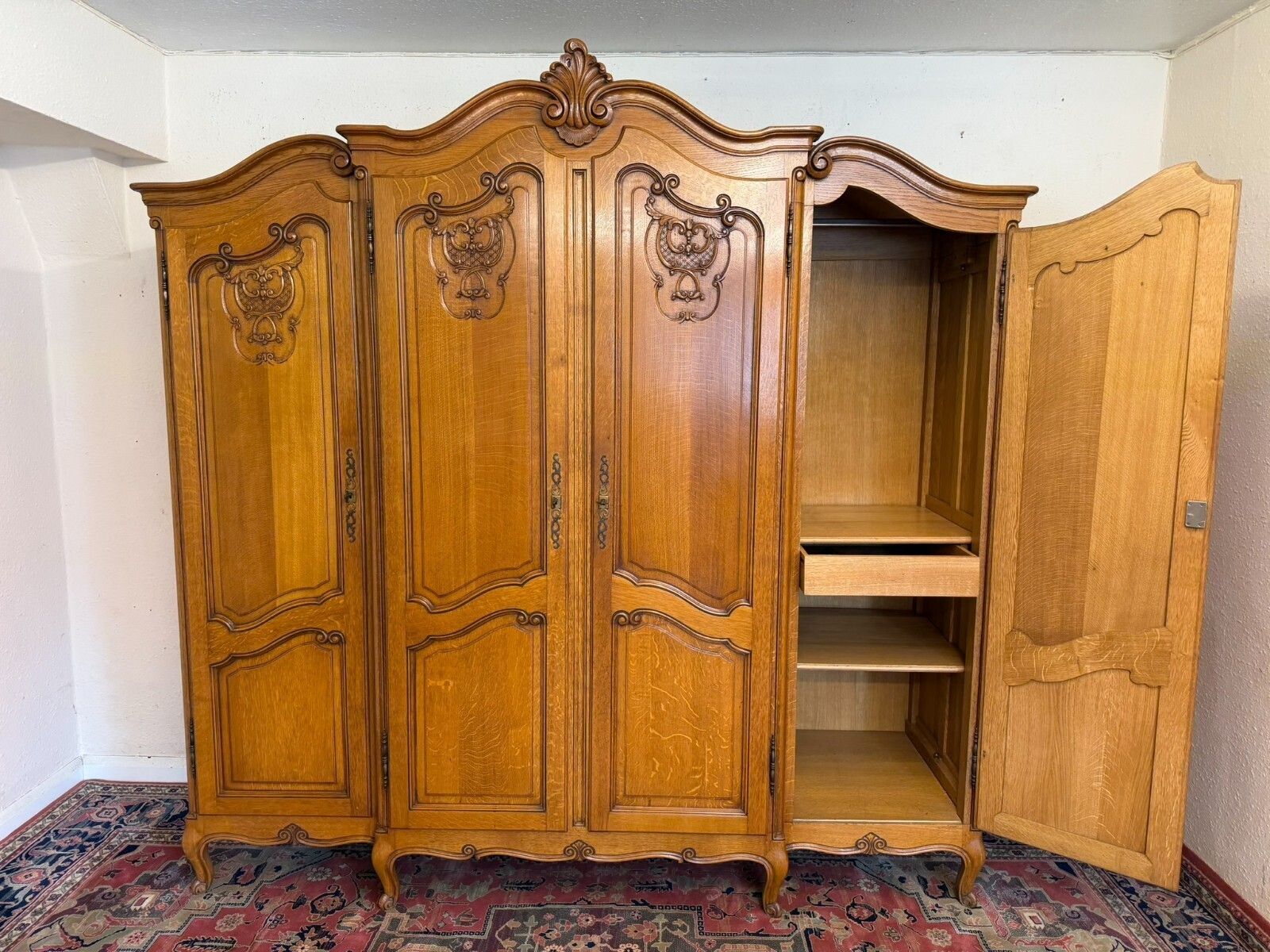 Quality French Carved Oak Four Door Brake Front Armoire/Wardrobe Circa 1950 photo buy