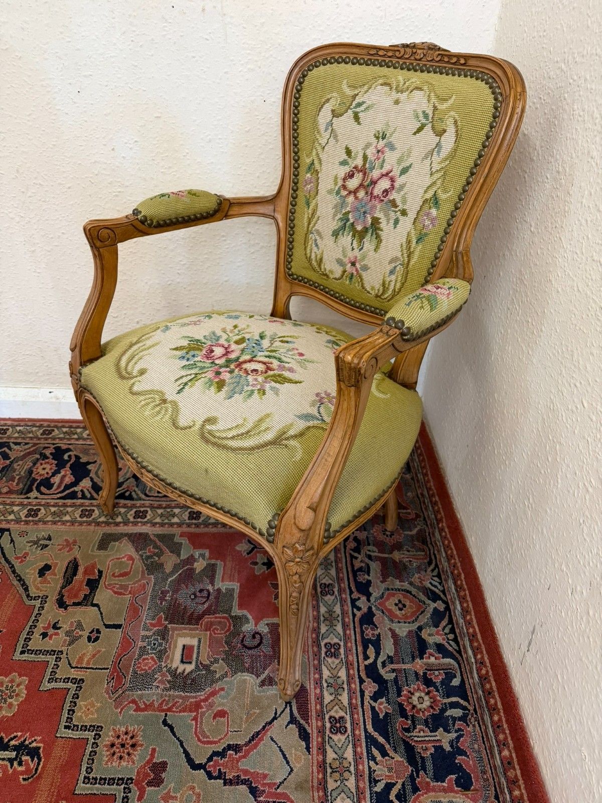 Elegant French Carved Walnut Needlepoint Armchair Circa 1930 photo furniture