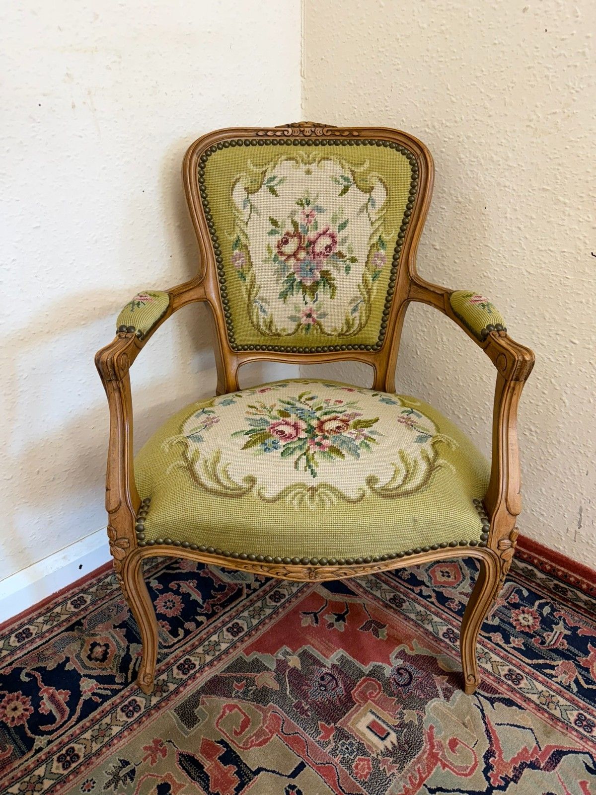 Elegant French Carved Walnut Needlepoint Armchair Circa 1930 photo 295.0