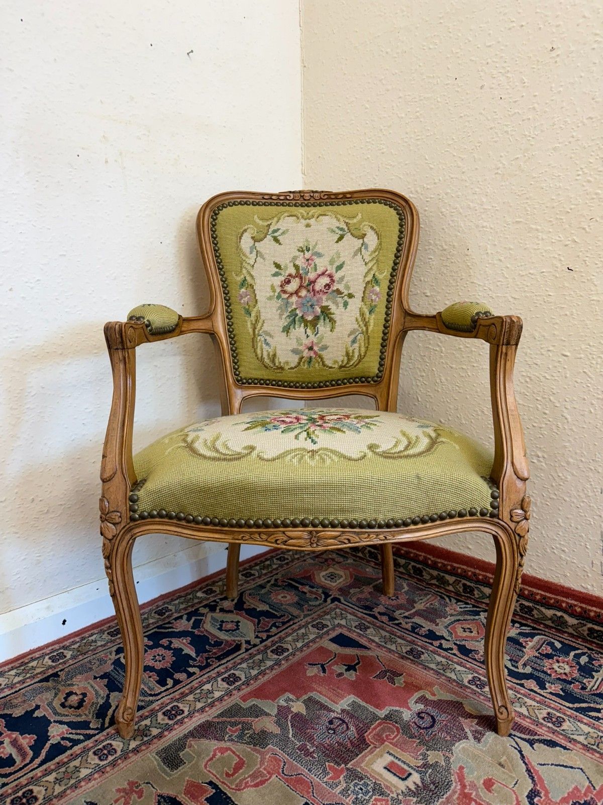 Elegant French Carved Walnut Needlepoint Armchair Circa 1930 photo vinterior