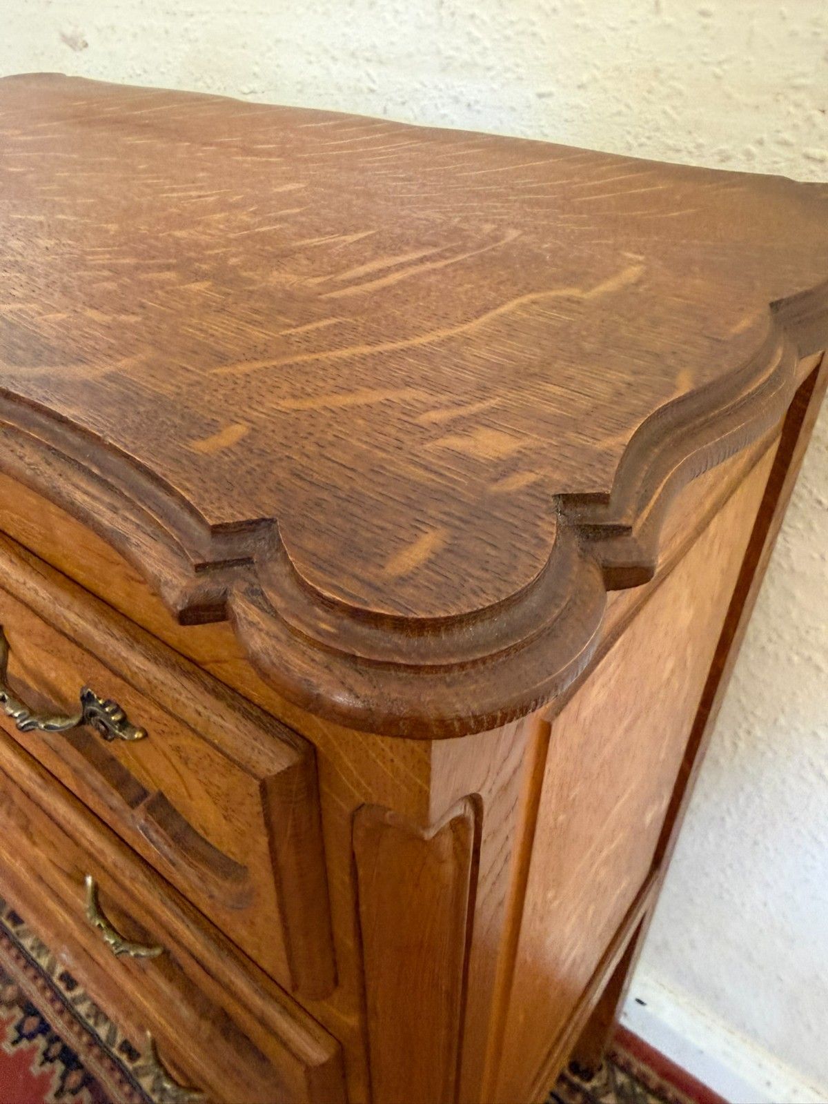 photo for sale Elegant French Solid Oak Shaped Top Chest Of Three Drawers Circa 1950