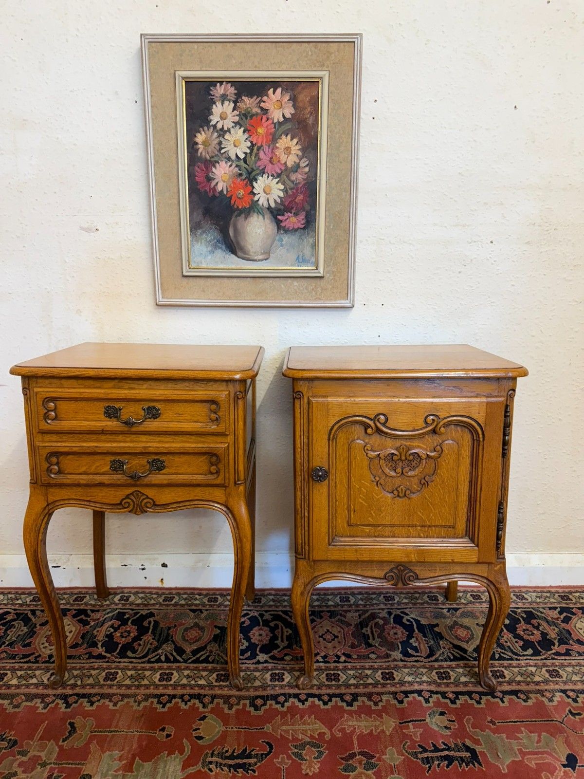 French Pair Of Carved Oak His And Hers Bedside Cabinets Circa 1950 photo furniture