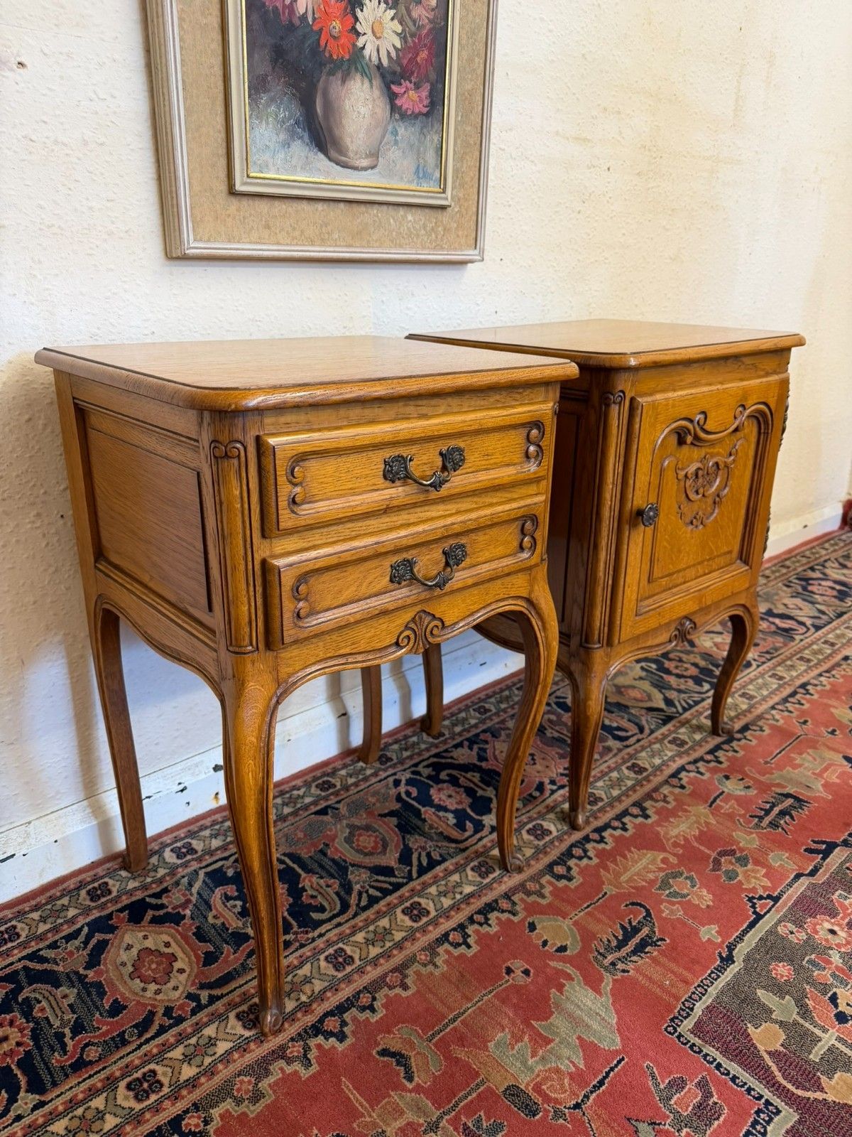 French Pair Of Carved Oak His And Hers Bedside Cabinets Circa 1950 photo Furniture