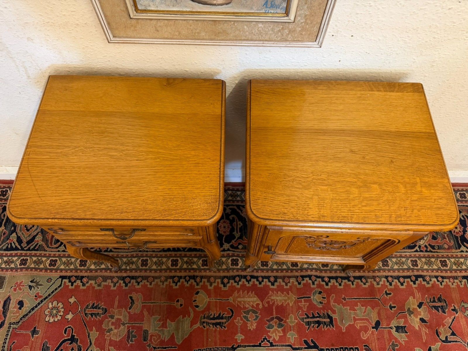 French Pair Of Carved Oak His And Hers Bedside Cabinets Circa 1950 photo buy