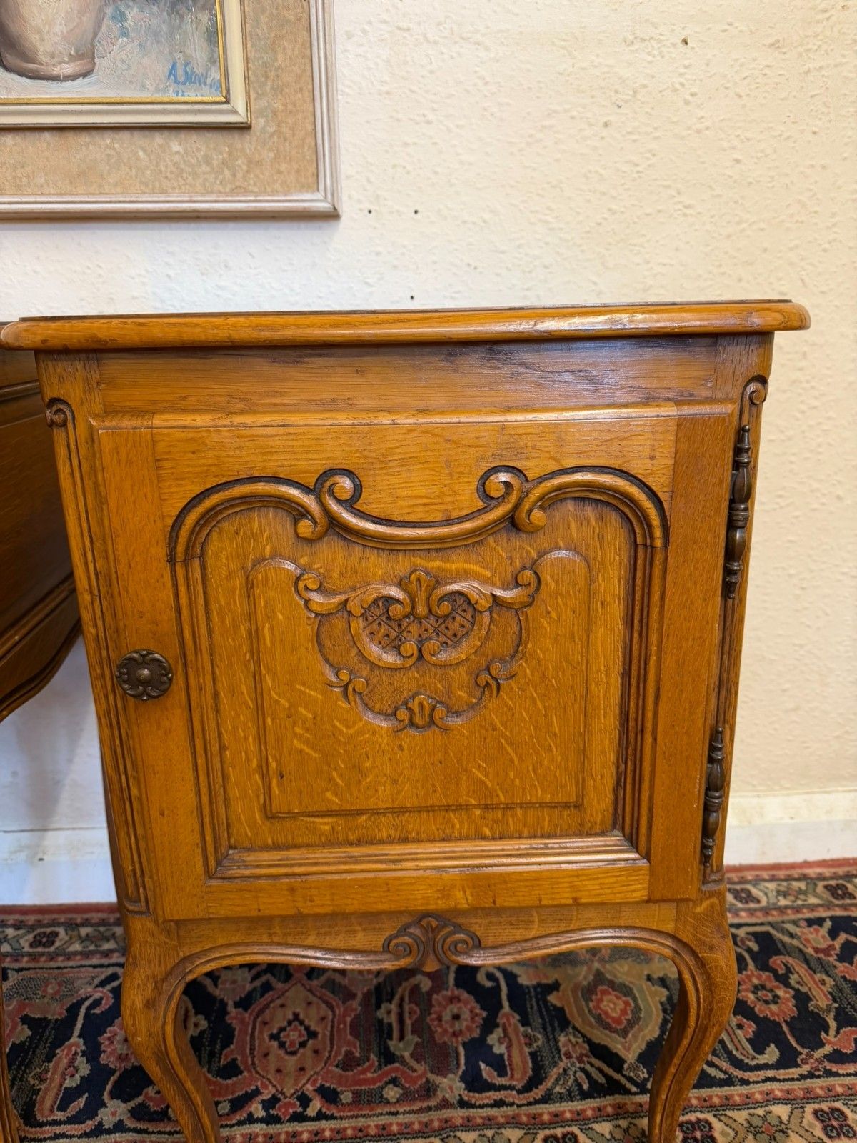 photo furniture French Pair Of Carved Oak His And Hers Bedside Cabinets Circa 1950