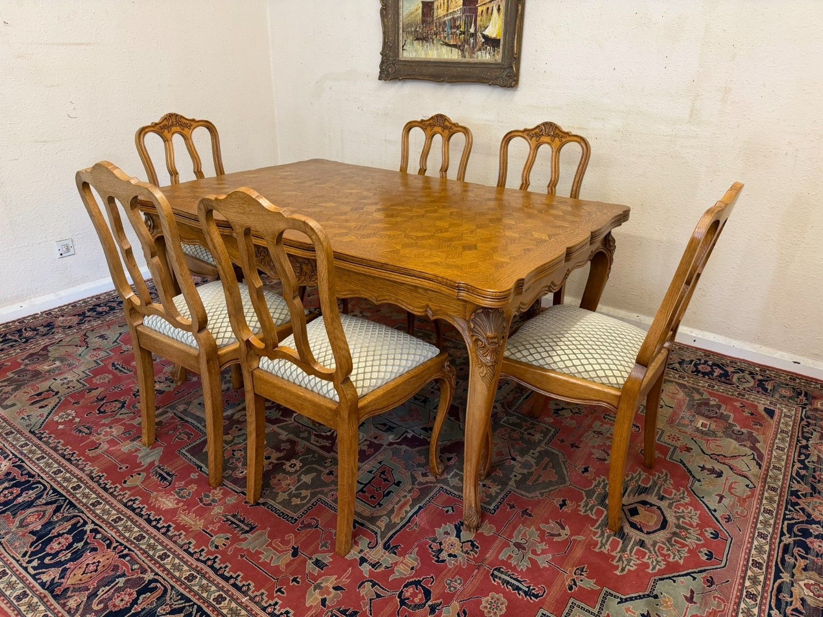 Antique French Carved Oak Parquetry Top Extending Table & Six Chairs Circa 1930 photo Furniture