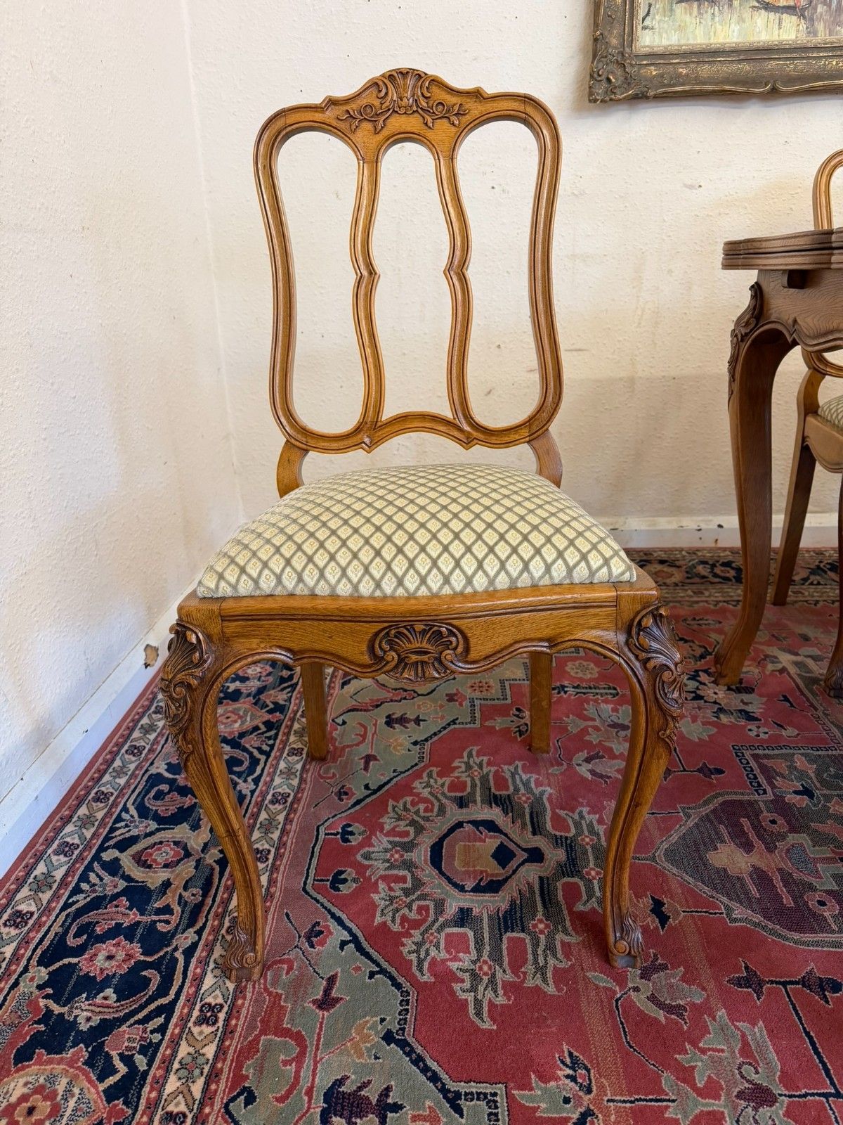 photo vintage Antique French Carved Oak Parquetry Top Extending Table & Six Chairs Circa 1930