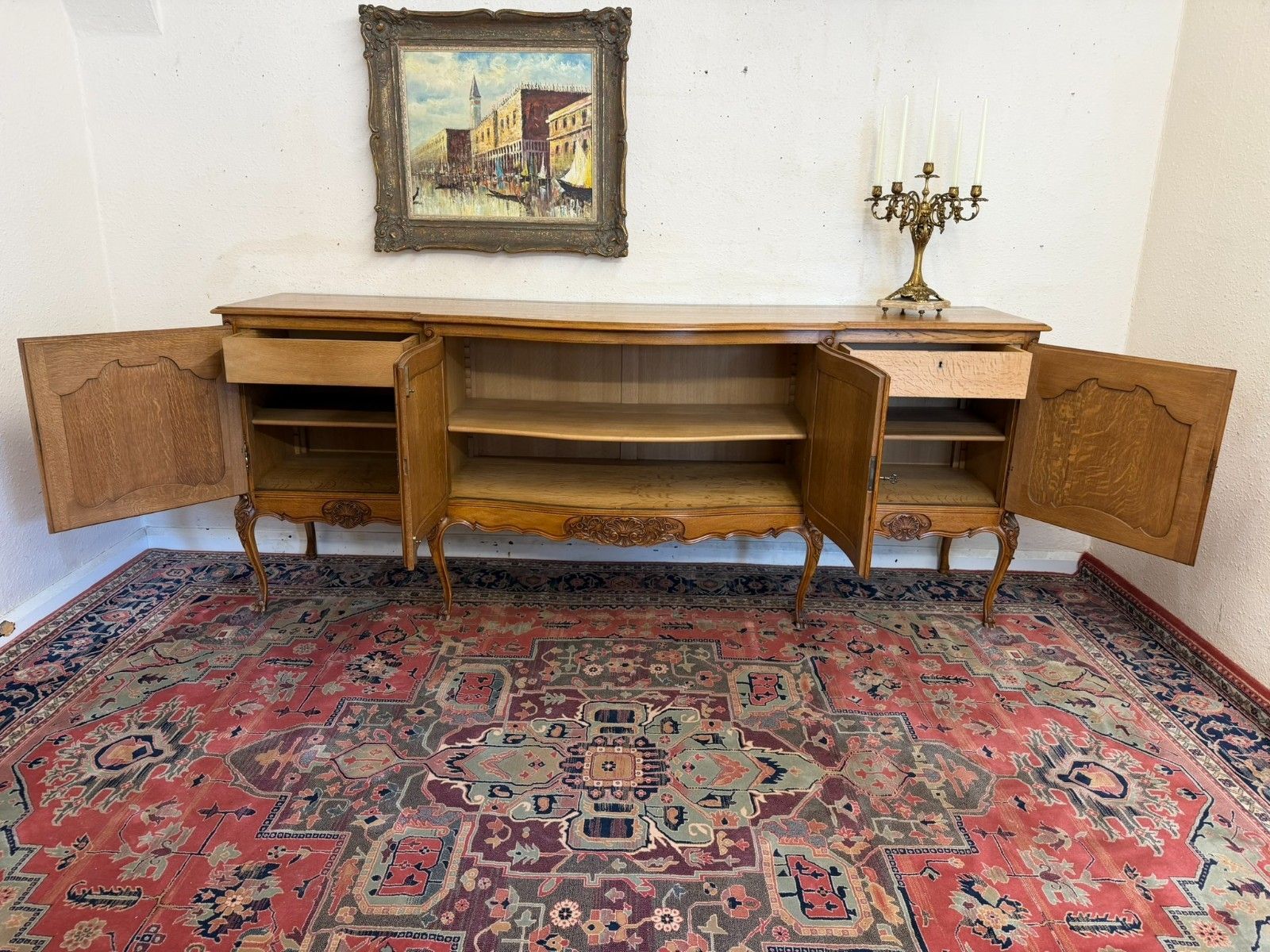 photo for sale Antique French Shaped Carved Oak Four Door Enfilade/Credenza Circa 1930